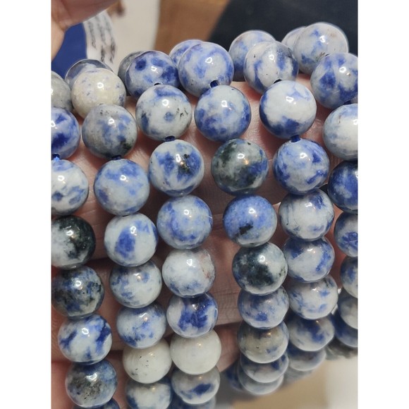 Blue Spot Jasper Stretch Bracelet 8mm round natural stone w/ felt pouch-B820 - Picture 3 of 9